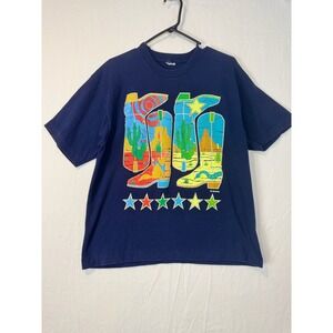 Vtg Desert Boots Western Graphic Shirt L Blue Single Stitch Cotton Glitter‎